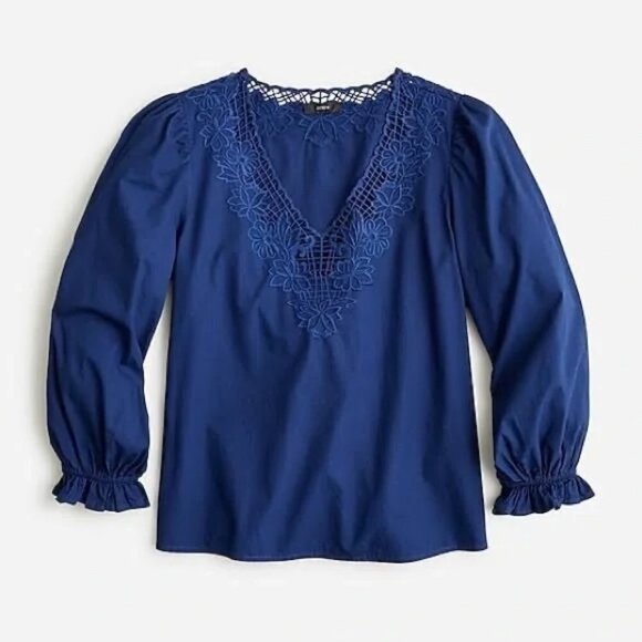 J. Crew V-Neck Eyelet Trim Cotton Long Sleeve Top Navy Size M - Picture 1 of 5